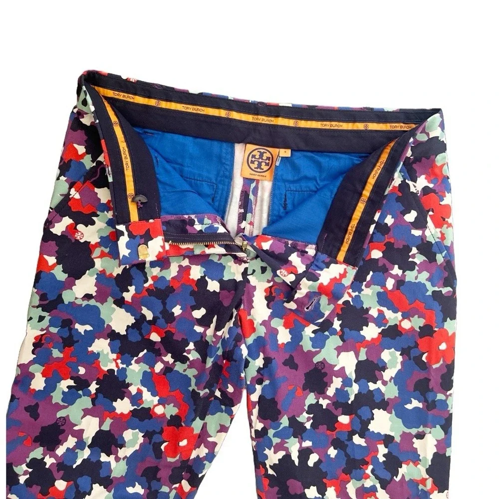 Tory Burch Women's Cropped Skinny‎ Floral Pants Size 4 Logo Print Stretch Cotton